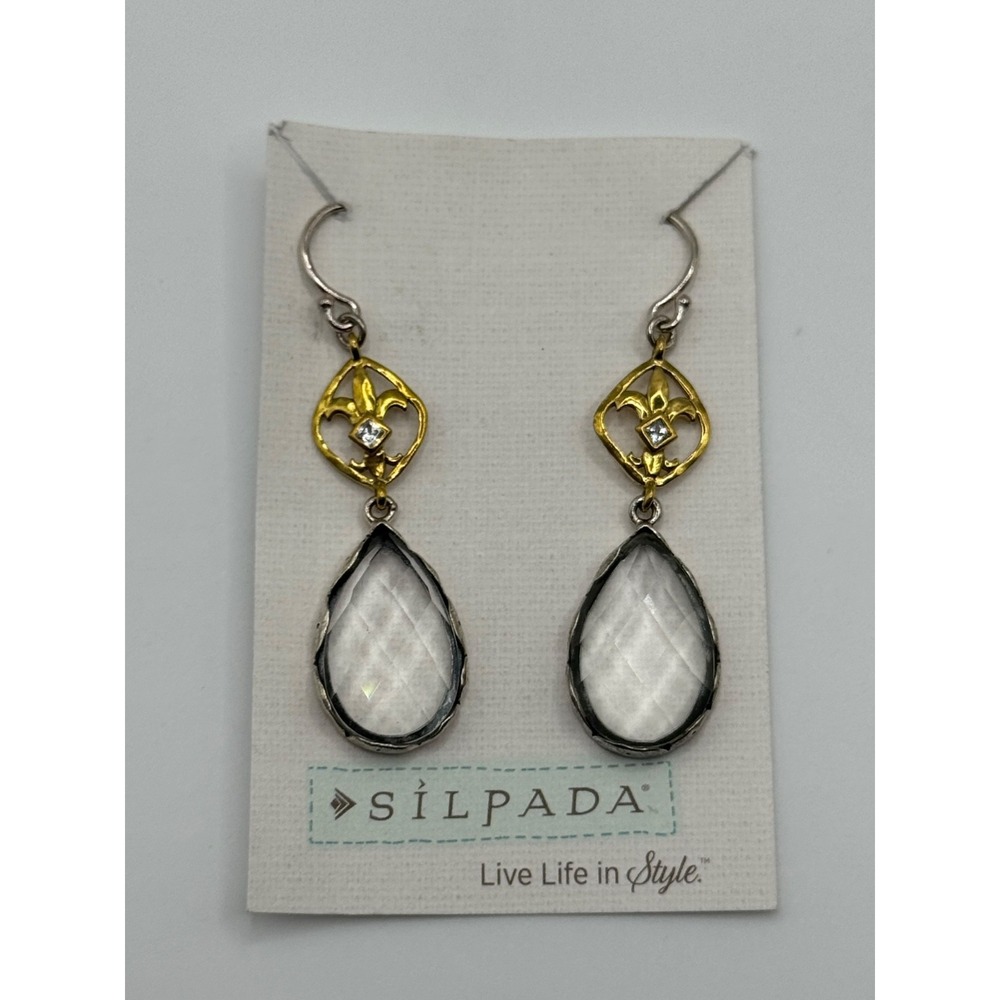 Silpada Sterling Silver & Brass Fleur De Lis Raindrop CZ Dangle Earrings #W2374